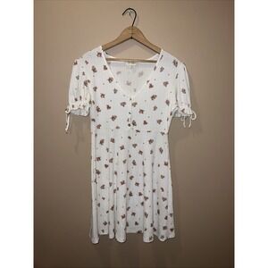 Y2K Babydoll Dress Womens Size S Cream Floral Flowy Puff Sleeve Coquette Fairy